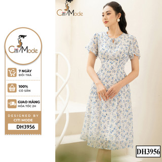 Đầm công sở CITI MODE FASHION thiết kế xòe hoa xanh cổ nơ DH3956