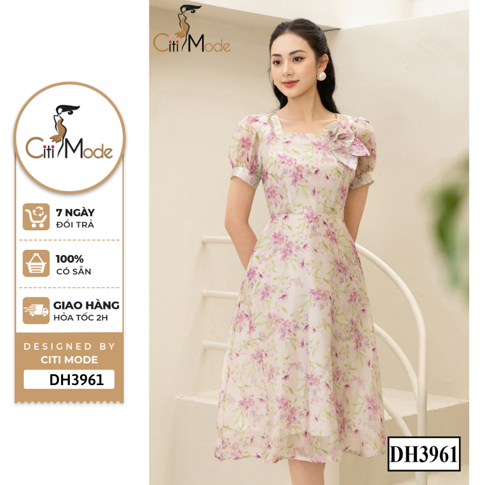 Đầm công sở CITI MODE FASHION thiết kế dáng xoè hoa hồng cổ vuông phối hoa DH3961