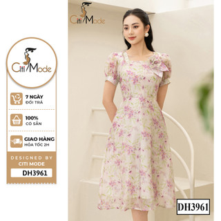 Đầm công sở CITI MODE FASHION thiết kế dáng xoè hoa hồng cổ vuông phối hoa DH3961