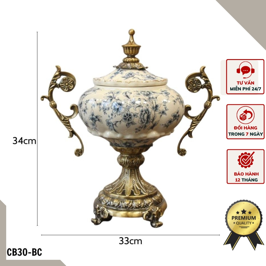 Bình cúp họa tiết hoa nhí xanh mang phong cách tân cổ điển sang trọng CB30-BC.