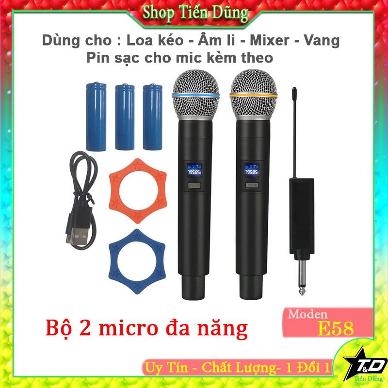 Micro Không Dây Loa Kéo, Mic Karaoke Gia Đình E58, Mic Hút, Tiếng Sáng, Vỏ Nhôm, Sóng Xa 15M