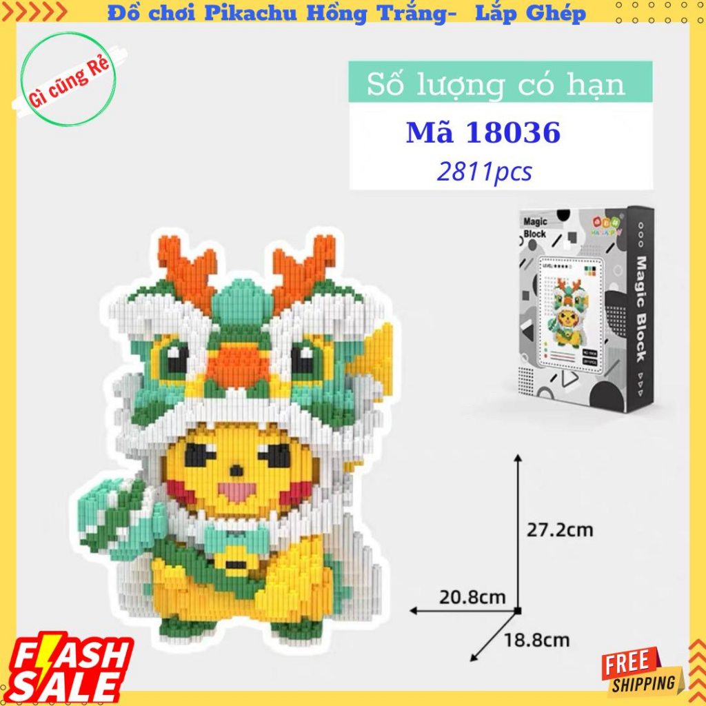 Đồ chơi lắp ghép PIKACHU Mũ Lân - Mô hình lắp ghép Pikachu Đầu mũ lân  - Cao 27cm "Linhlinh29219"