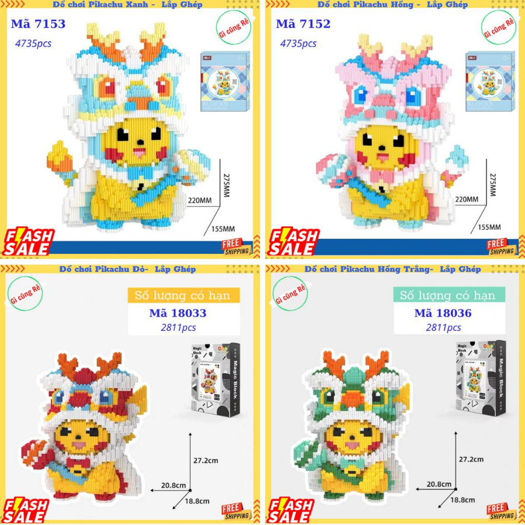 Đồ chơi lắp ghép PIKACHU Mũ Lân - Mô hình lắp ghép Pikachu Đầu mũ lân  - Cao 27cm "Linhlinh29219"
