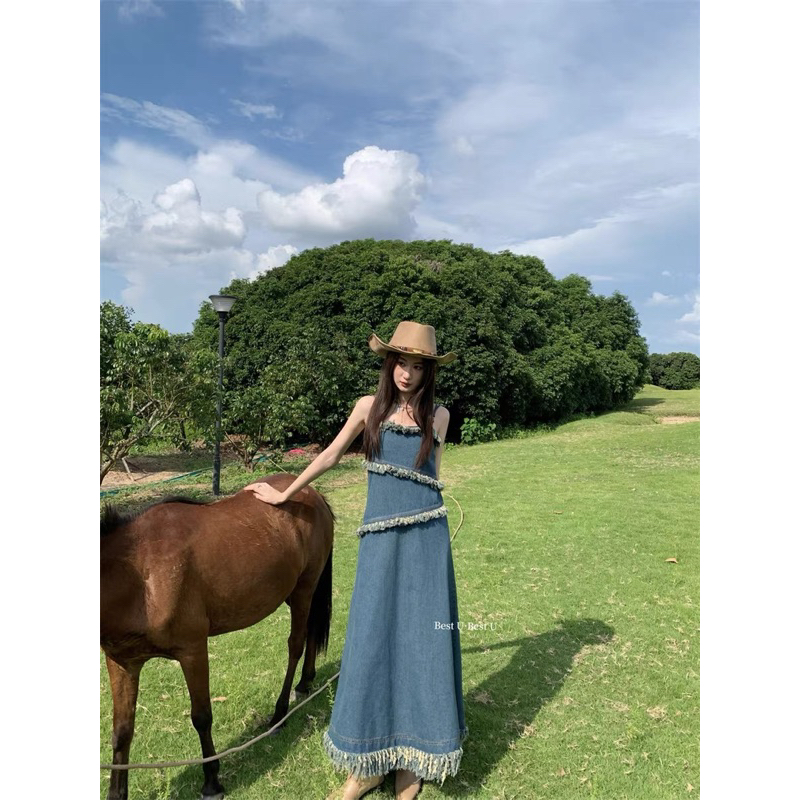 Đầm Maxi Denim Hai Dây Dáng Dài Phối Hạt Và Tua Rua Phong Cách Cổ Điển Thời Trang Mùa Thu Mới 2023 Thời Trang Nữ