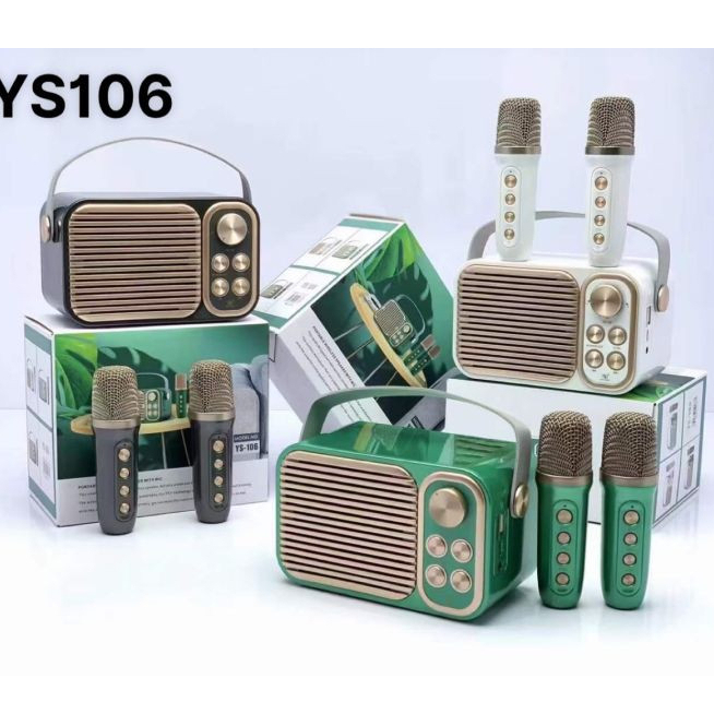Loa Mini YS105 - YS106  kèm 2 Micro không dây. Có nhiều chức năng: Nghe nhạc, MICRO ca hát, Cắm USB, cắm thẻ nhớ, đài FM