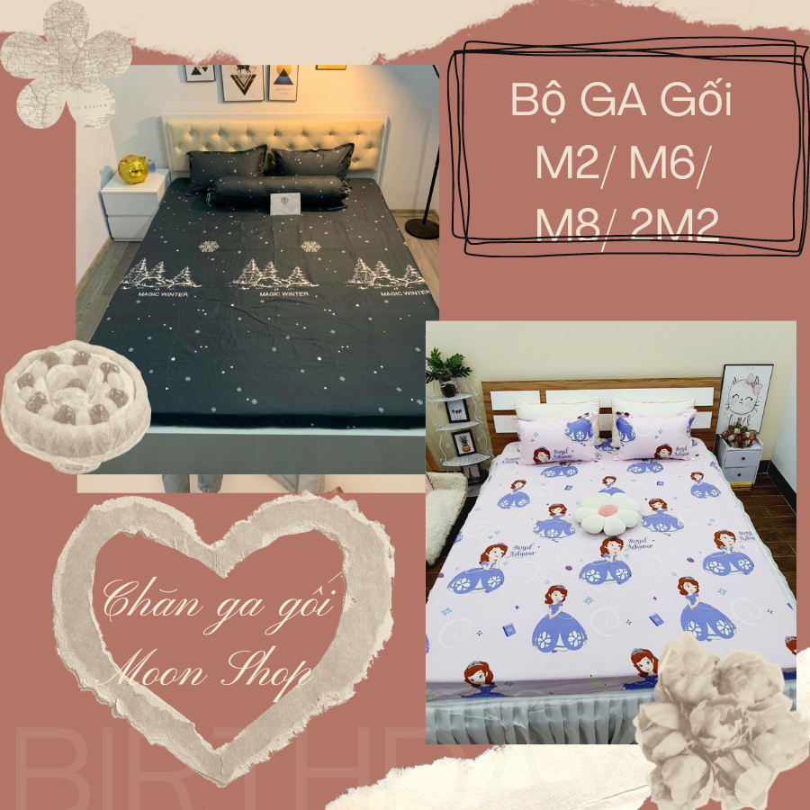 (Siêu rẻ) Bộ Ga Gối m2/ m6/ m8/ 2m2,Set 3 món ( ga+ 2 vỏ nằm) - Vải Cotton Poly- Mẫu Cây Thông Đen, Búp Bê Tím