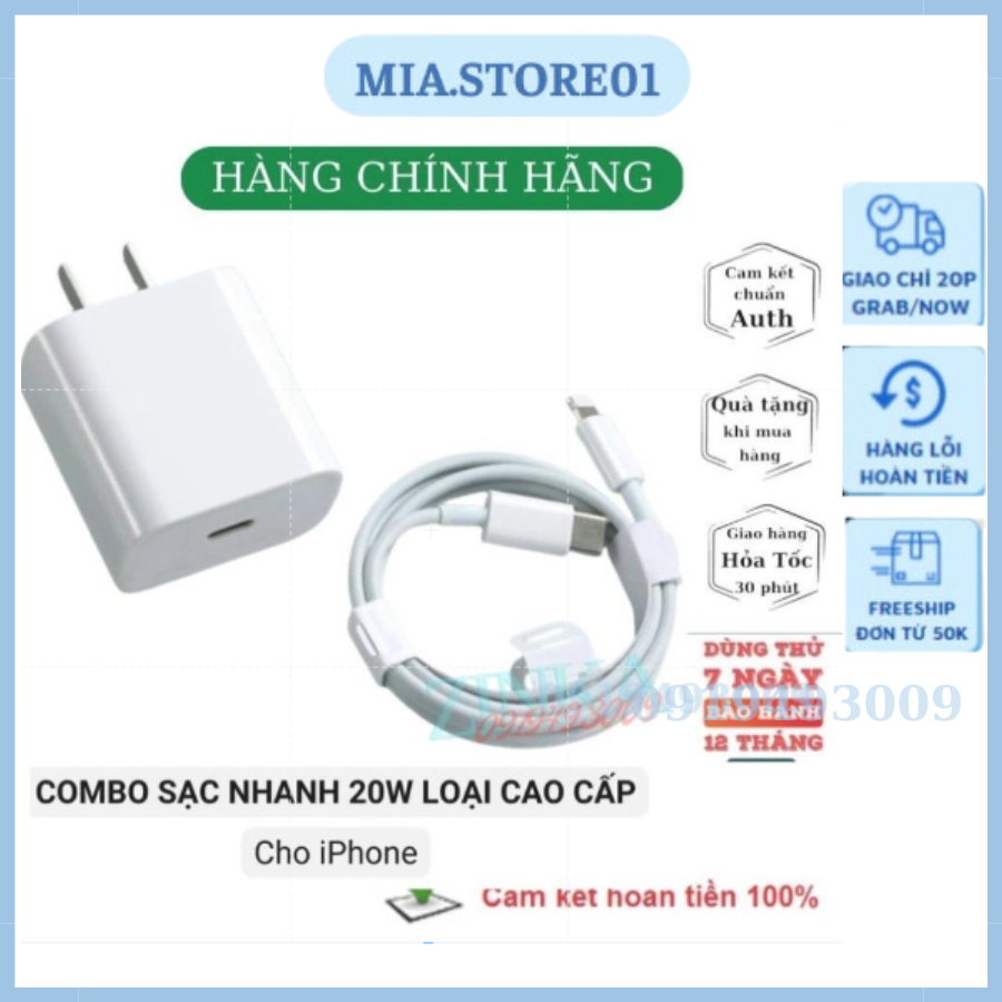 Bộ Sạc Nhanh 20W, Củ Sạc Nhanh PD 20W, Cáp Sạc Nhanh Cho Điện Thoại X/Xsmax/11/12/13/14++ BH 1 năm MIA STORE 01