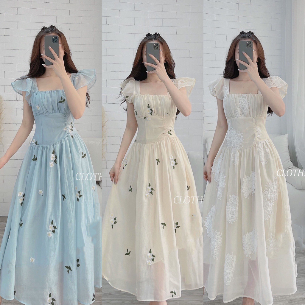 Váy hoa nữ, váy hoa thêu xoè dáng dài tay cánh tiên cổ vuông vải voan tơ hai lớp phong cách tiểu thư nhẹ nhàng siêu xinh