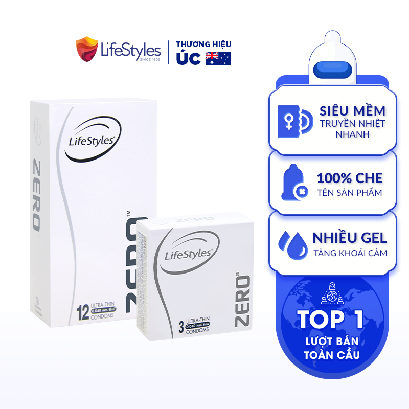 Bao Cao Su Siêu Mỏng Vô Hình Truyền Nhiệt Nhanh LifeStyles ZERO Hộp 12 bao + Tặng 1 Hộp BCS Zero 3 bao