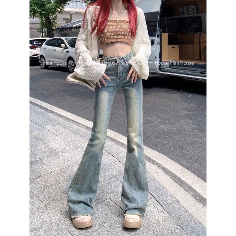 Quần jeans loe retro màu xanh bạc co giãn chất siêu xinh 2023 MS 02