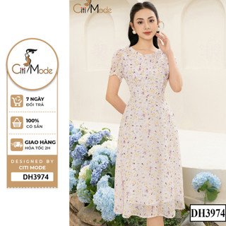 Đầm công sở CITI MODE FASHION thiết kế dáng xoè hoa nhí tím cổ tròn DH3974