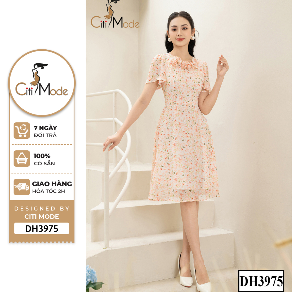 Đầm công sở CITI MODE FASHION thiết kế dáng xoè hoa nhí cam phối cổ đính hoa DH3975