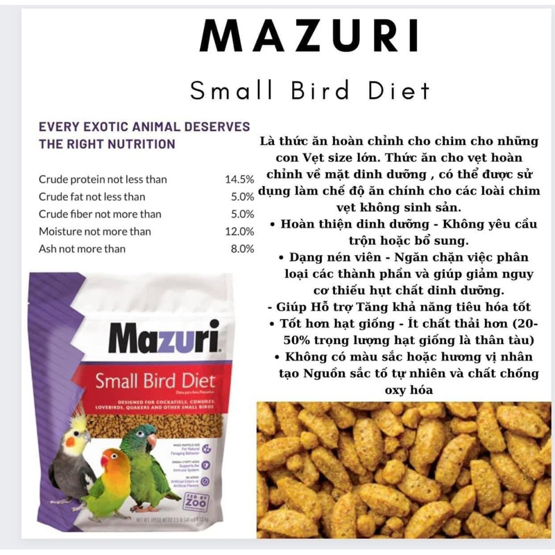 MAZURI SMALL BIRD DIET THỨC ĂN DINH DƯỠNG HOÀN CHỈNH DÀNH CHO VẸT SIZE NHỎ chiết lẻ 300g,1kg và nguyên seal 1kg