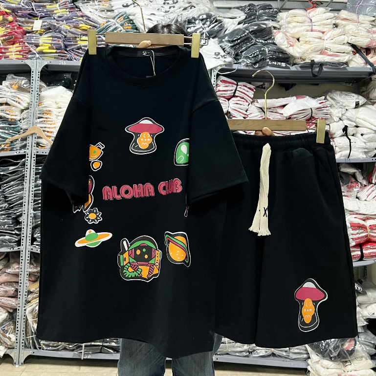 Bộ quần áo nam nữ form rộng in họa tiết cây nấm chất liệu cotton co giãn phong cách Hàn Quốc