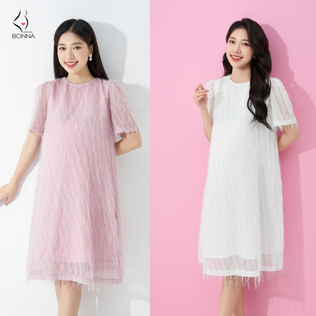 Đầm bầu dự tiệc BONNA chất voan trắng kim sa cao cấp, dáng suông nhẹ nhàng, dịu dàng, mềm mại thoải mái VS325