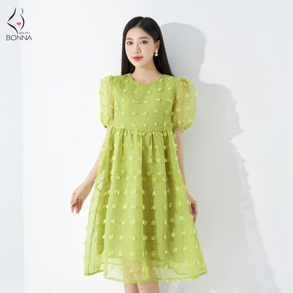 Đầm bầu mùa hè BONNA dáng babydoll tay bồng nữ tính, chất tơ đính bông cao cấp, dáng xòe rộng nhẹ nhàng VS338
