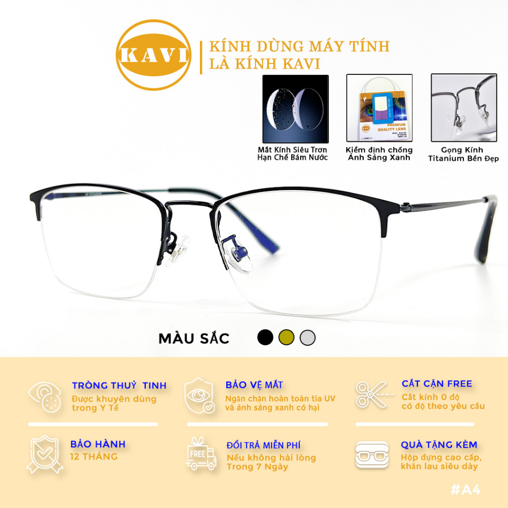 Kính Chống Ánh Sáng Xanh Gọng Titanium Cao Cấp Kavi A4 Đen, Tròng Kính Siêu Trơn Chống Bám Nước Và Bụi