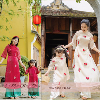 Áo dài bé gái và mẹ cách tân thêu mb05