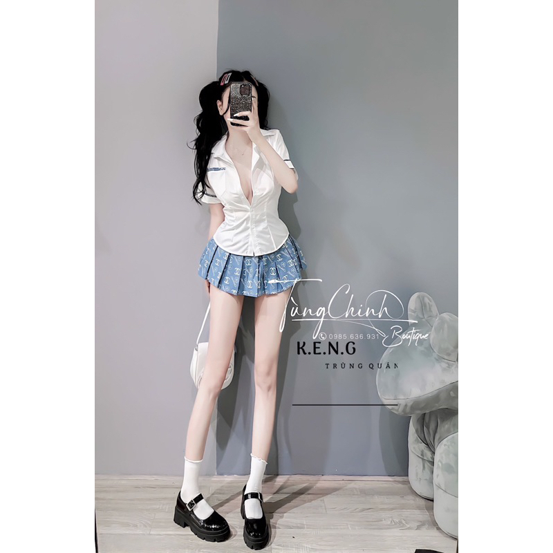 Set váy nữ áo sơ mi phối chân váy xếp ly kẻ đi chơi