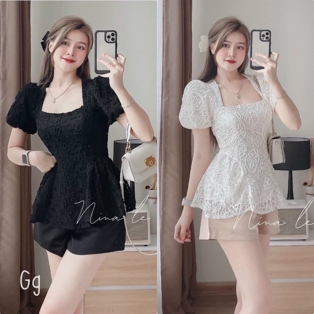 sét bộ đùi tapa phối áo kiểu ren hoa nổi cổ vuông ngắn tay hot