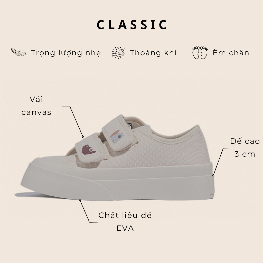 Giày Sneaker Nữ Đế Độn Quai Dán Màu Kem Hoạ Tiết Dễ Thương GiayBOM GB Classics B1837