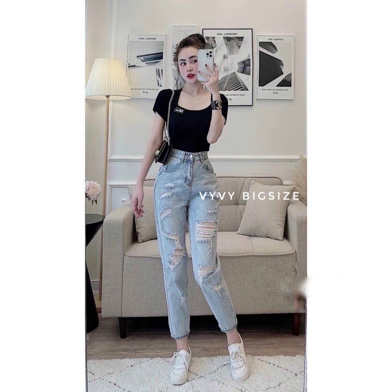 Quần Baggy Jean Xanh Rách Te Tua, Không Co Giãn - Cạp Siêu Cao.