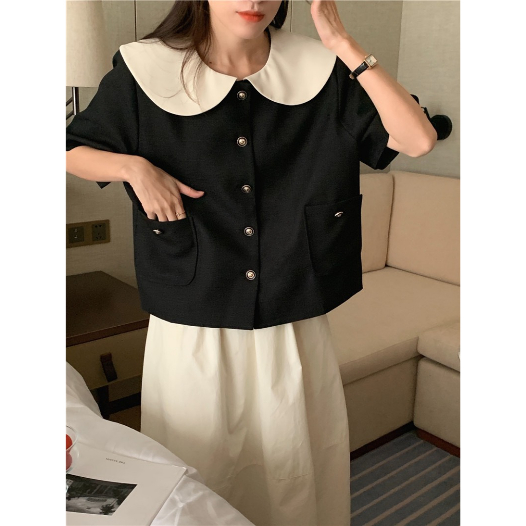 (HÀNG SẴN) Áo chất text, có đúp lót, phối cổ Peter Pan xinh xắn - Áo Blazer mặc được 2 kiểu