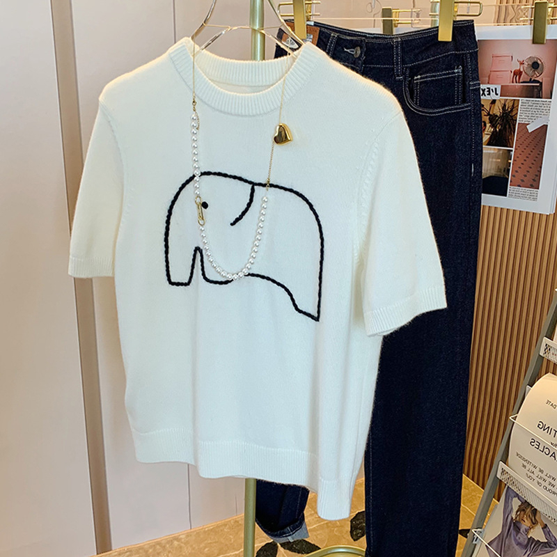 (HÀNG SẴN) Áo len Mongtoghi mỏng cổ tròn họa tiết con voi - Áo len cổ tròn tay ngắn, có thể mặc hè thoải mái