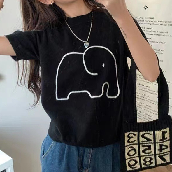 (HÀNG SẴN) Áo len Mongtoghi mỏng cổ tròn họa tiết con voi - Áo len cổ tròn tay ngắn, có thể mặc hè thoải mái