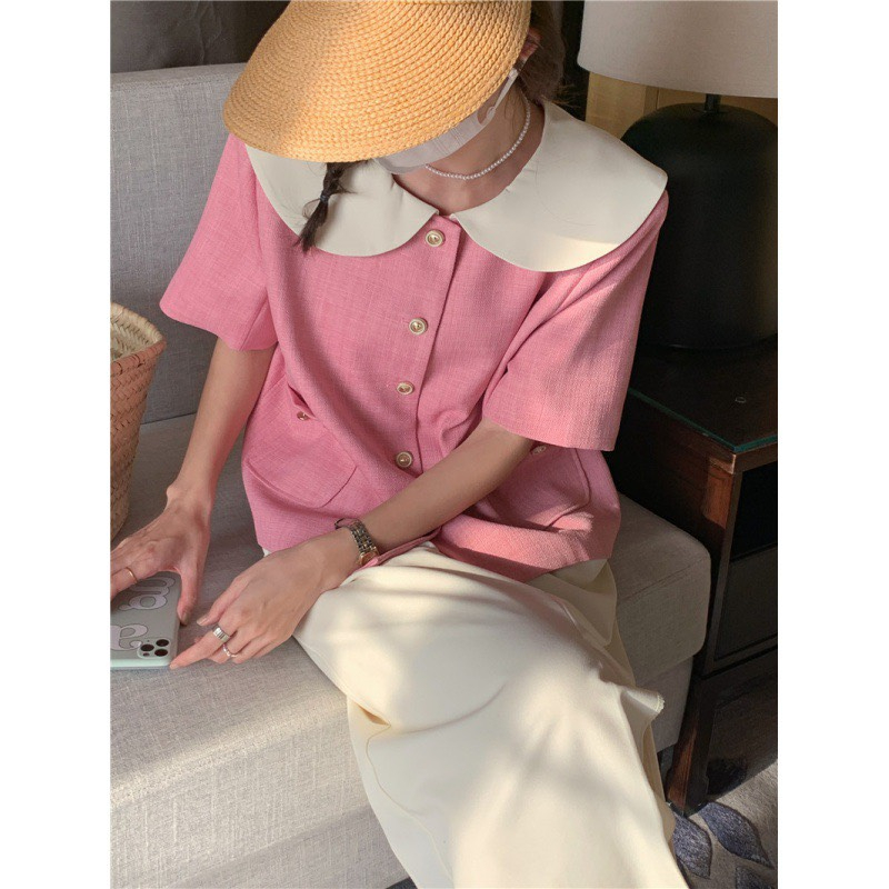 (HÀNG SẴN) Áo chất text, có đúp lót, phối cổ Peter Pan xinh xắn - Áo Blazer mặc được 2 kiểu