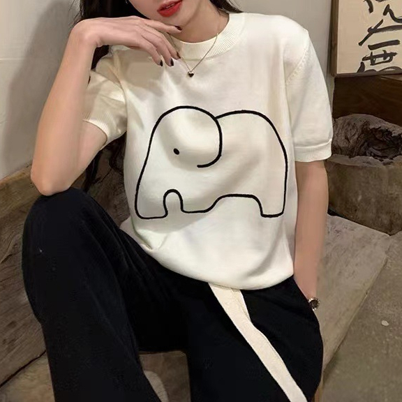 (HÀNG SẴN) Áo len Mongtoghi mỏng cổ tròn họa tiết con voi - Áo len cổ tròn tay ngắn, có thể mặc hè thoải mái