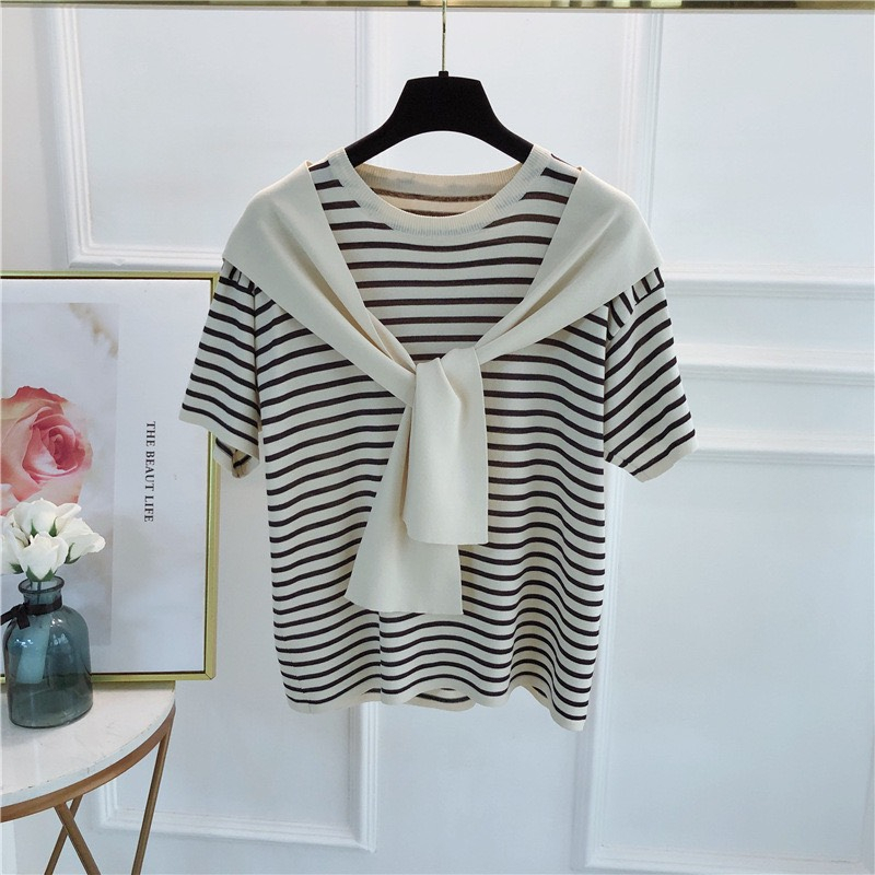 (HÀNG SẴN) Aó thun tay ngắn basic kèm dây thắt nơ cổ, Áo len dệt tăm đẹp freesize