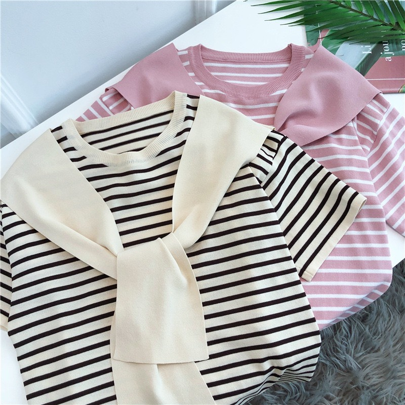 (HÀNG SẴN) Aó thun tay ngắn basic kèm dây thắt nơ cổ, Áo len dệt tăm đẹp freesize