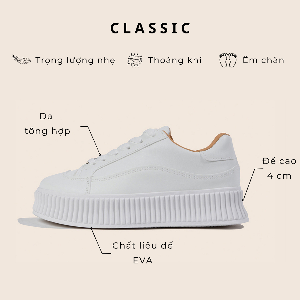 Giày Sneaker Nữ Độn Đế Bánh Mì Tăng Chiều Cao Màu Trắng Đẹp Mới Nhất GiayBOM GB Classics B1176