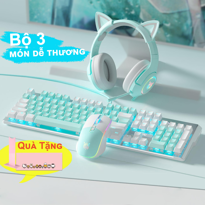 Bộ ba bàn phím, chuột, tai nghe kết hợp gồm bàn phím cơ có dây, tai nghe gaming tai mèo, chuột chơi game có đèn RGB