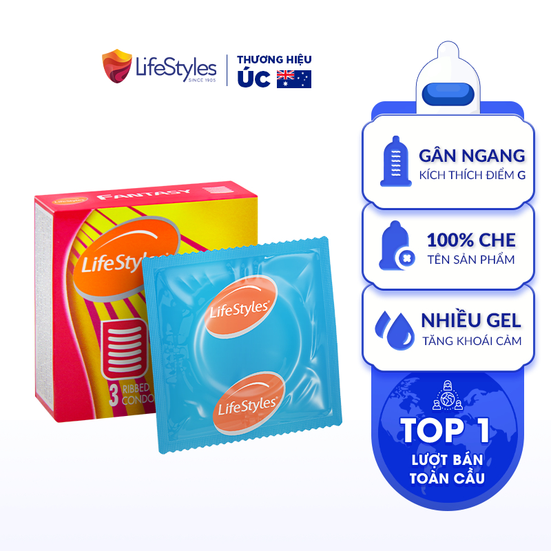 [Bán sỉ] Bao cao su LifeStyles Fantasy Gân Ngang, Nhiều Gel Bôi Trơn tăng Khoái Cảm - Hộp 3 bao