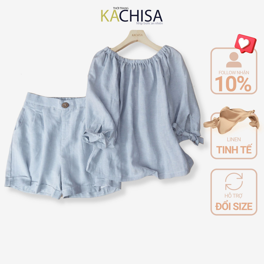 Set quần áo nữ trung niên cao cấp chất linen, áo kiểu trễ vai nơ kẻ sọc xanh - Thời trang KACHISA 508