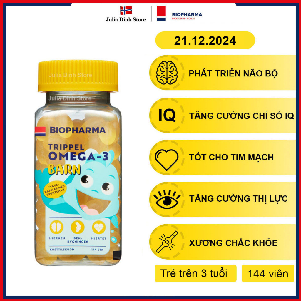 Viên nhai dầu cá DHA cho bé Biopharma Trippel Barn Na Uy hộp 144 viên [Mẫu mới nội địa Nauy đủ Bill]