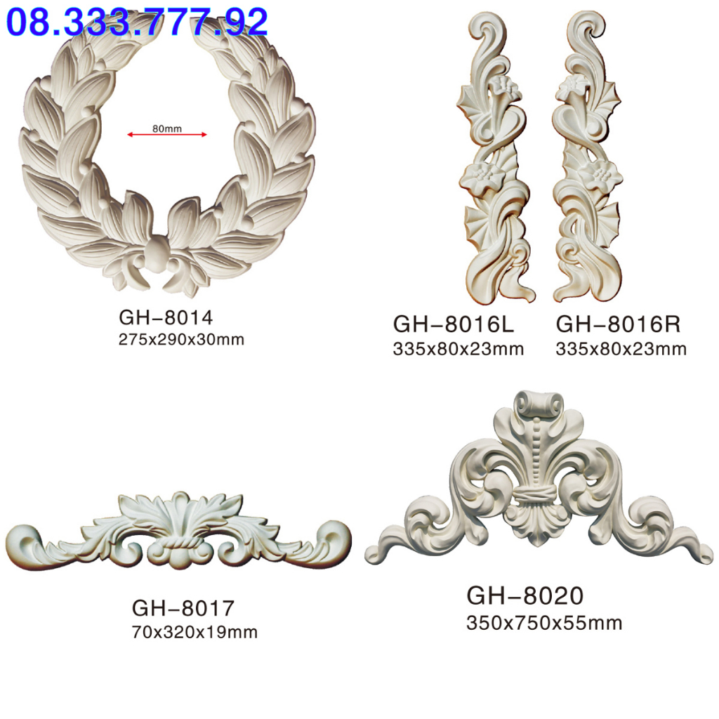 Phù điêu, họa tiết hoa góc cạnh trang trí trần, tưởng, chất liệu PU siêu bền, mã GH 8014, 8016 L/R, 8017, 8020