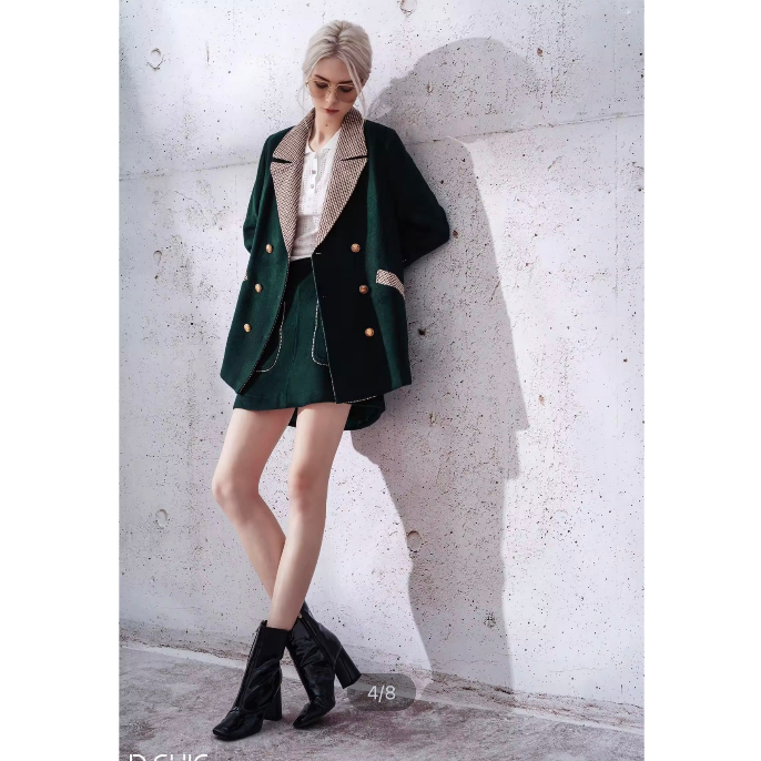 Chân váy cạp liền ốp lé vải kẻ D.CHIC