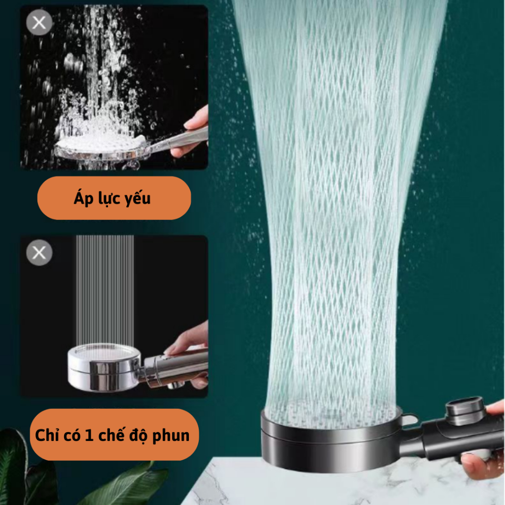 Bộ tay sen, vòi hoa sen 7 chế độ nước nhựa ABS sơn tĩnh điện Đen có nút bật tắt trên thân