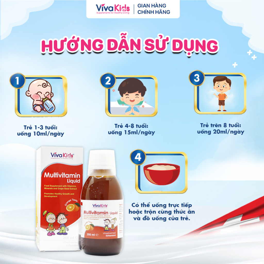 Vitamin tổng hợp hỗ trợ tăng cường sức khỏe, hấp thu tốt bé tăng cân VivaKids Multivitamin (C/200ml)