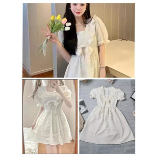 Đầm nữ cổ sen buộc nơ vải gấm cộc tay viền bèo dáng xòe