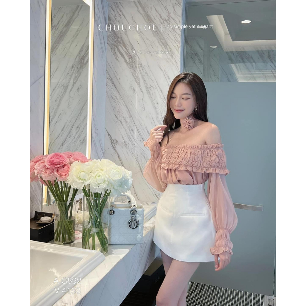 Set 3 món áo trễ vai mix chân váy tacda đẹp kèm nơ cổ hoa hàng loại 1 kèm ảnh thật