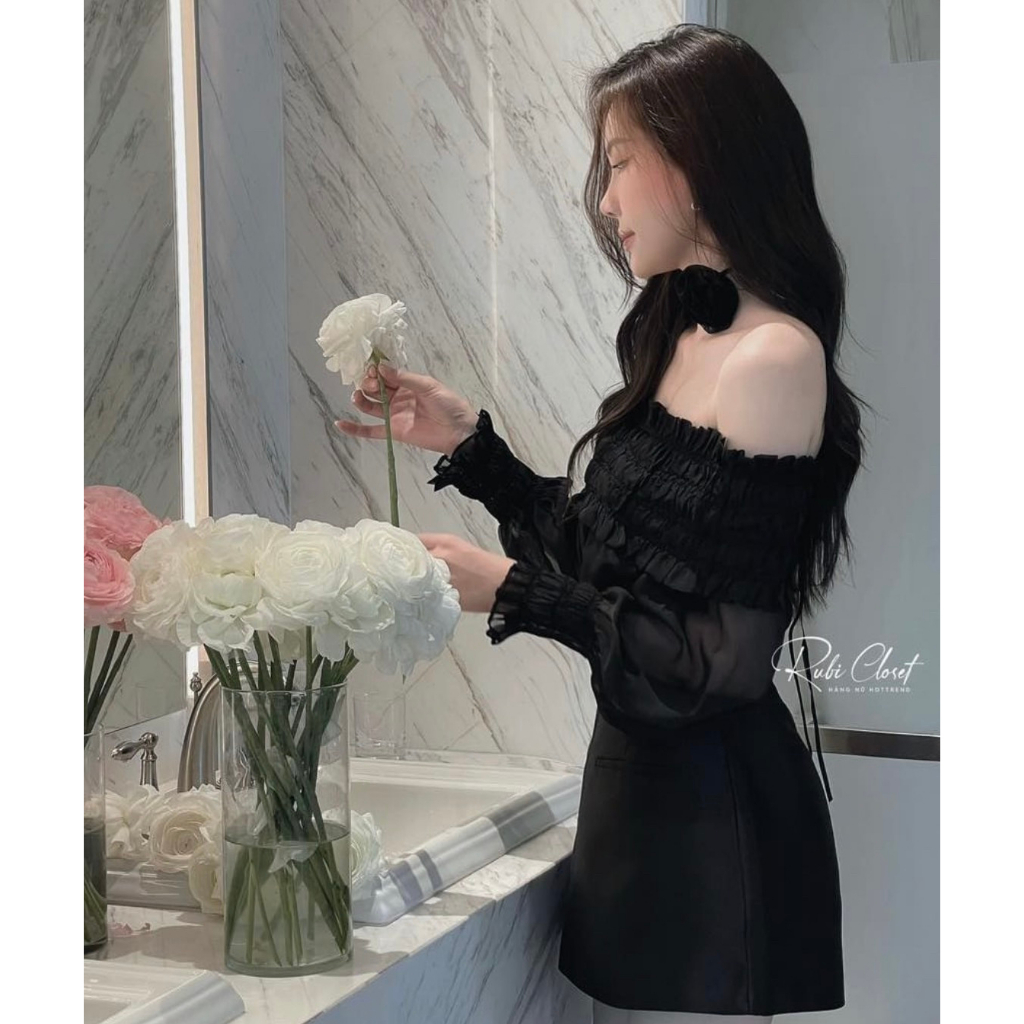 Set 3 món áo trễ vai mix chân váy tacda đẹp kèm nơ cổ hoa hàng loại 1 kèm ảnh thật