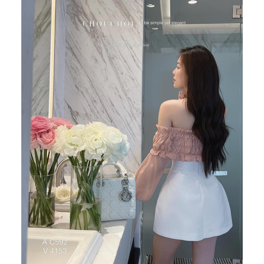 Set 3 món áo trễ vai mix chân váy tacda đẹp kèm nơ cổ hoa hàng loại 1 kèm ảnh thật