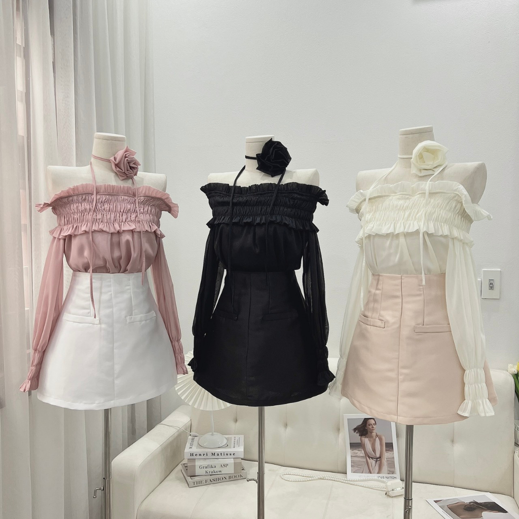 Set 3 món áo trễ vai mix chân váy tacda đẹp kèm nơ cổ hoa hàng loại 1 kèm ảnh thật