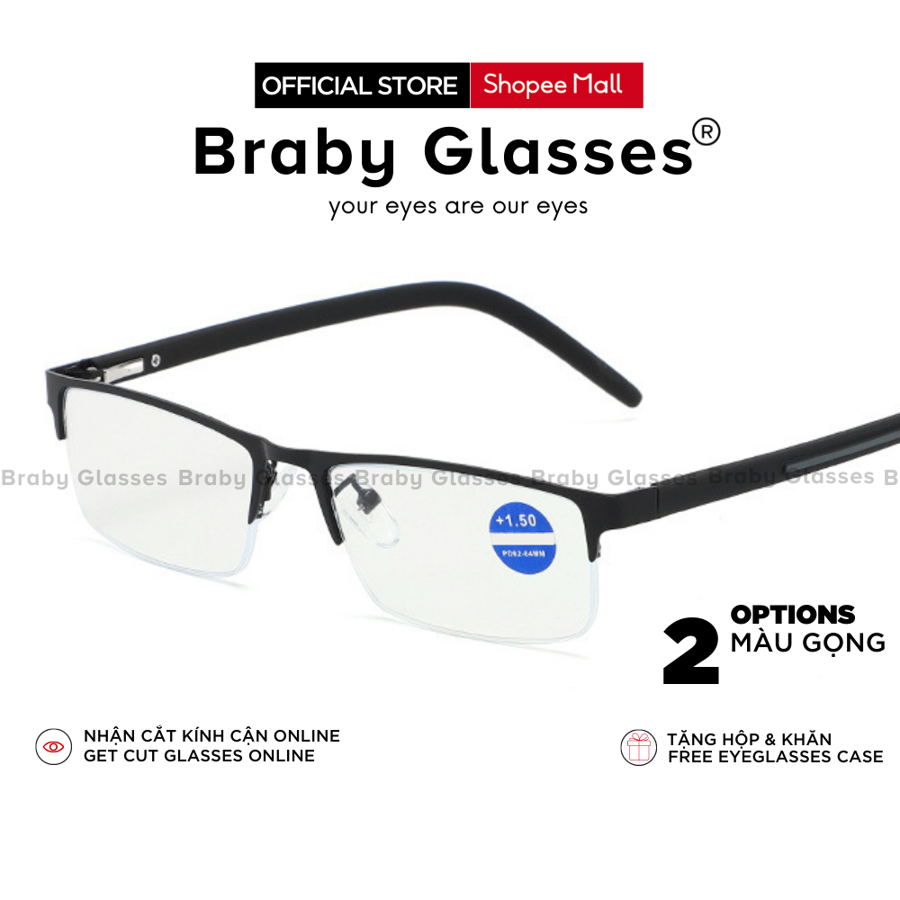 Kính lão đọc sách Braby Glasses viễn thị cho người lớn tuổi sẵn độ Titan cao cấp chắc chắn chống gẫy siêu nhẹ KL01