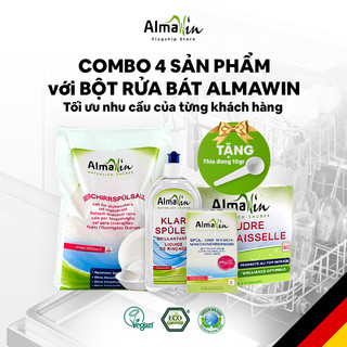 Bột rửa bát chén Almawin, Nước làm bóng 500ml, Muối rửa bát 2kg, Bột vệ sinh máy rửa bát 200g, Combo 4 tiện lợi