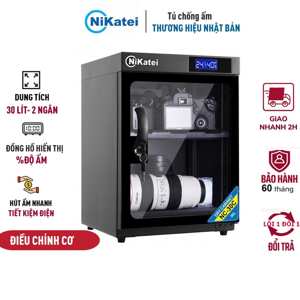 Tủ hút ẩm máy ảnh 30 Lít nhập khẩu cao cấp NIKATEI NC-30C, tủ chống ẩm 30L hai ngăn tiết kiệm điện chính hãng BH 5 năm